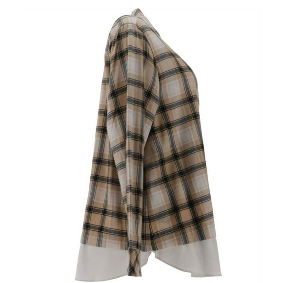 Isaac Mizrahi Live! Plus 22 Plaid Button Front Layered Shirt Neutral Tan 22W - Picture 6 of 9